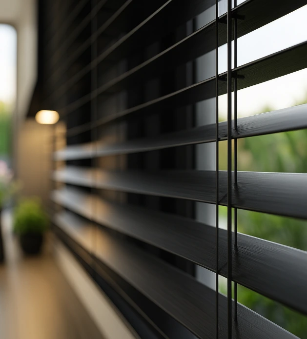 Black wooden venetian blinds fitted in Stevenage home