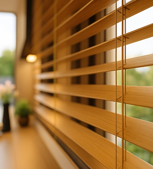 Dark wood venetian blinds fitted in Stevenage bedroom