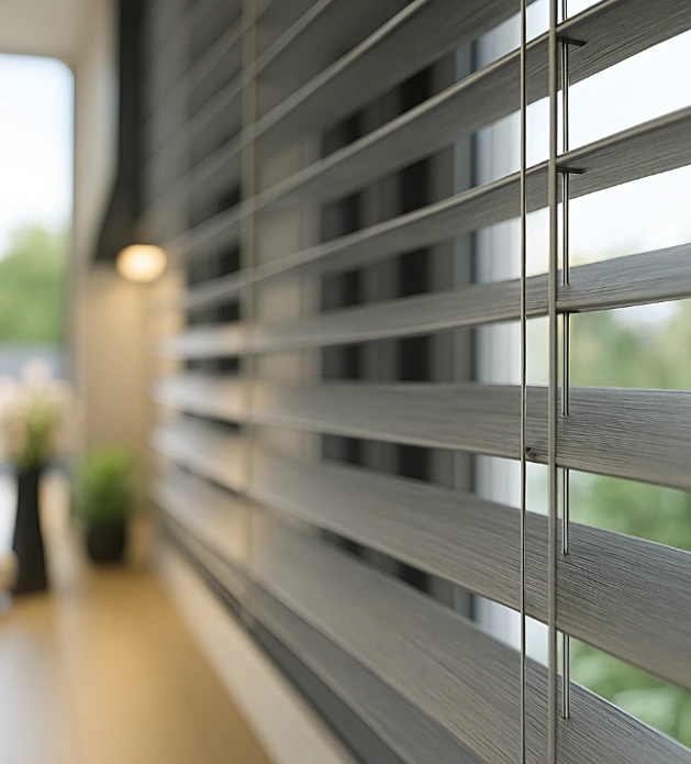 Grey wash wooden venetian blinds Stevenage bedroom