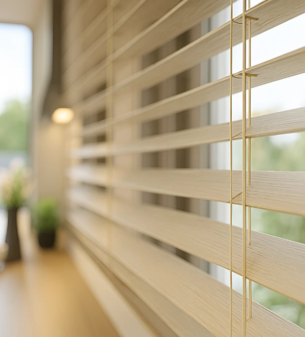 Natural oak wooden venetian blinds installed in Stevenage home