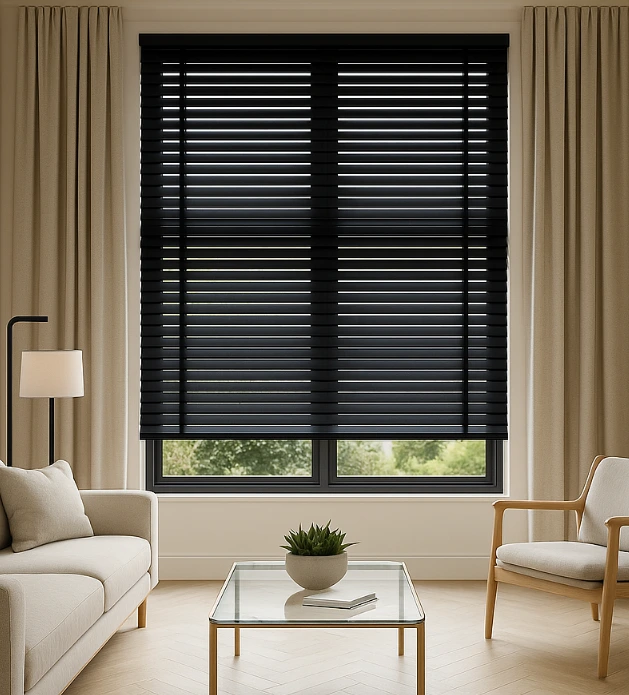 black wooden blinds in the living room