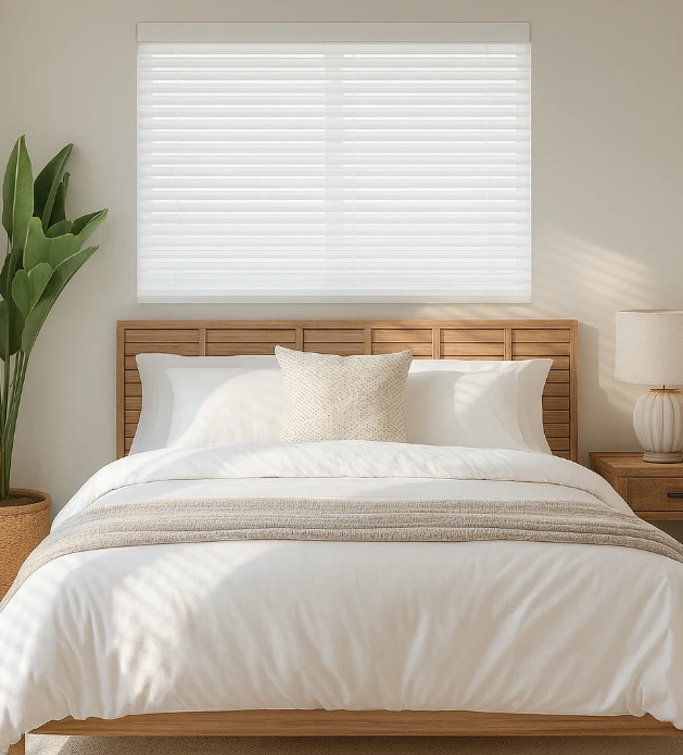 white wooden blinds in bedroom