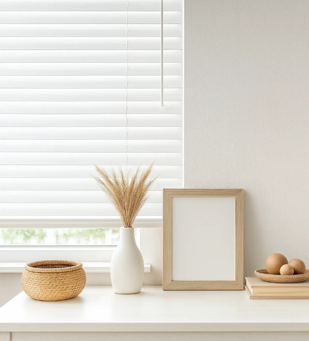 white wooden blinds